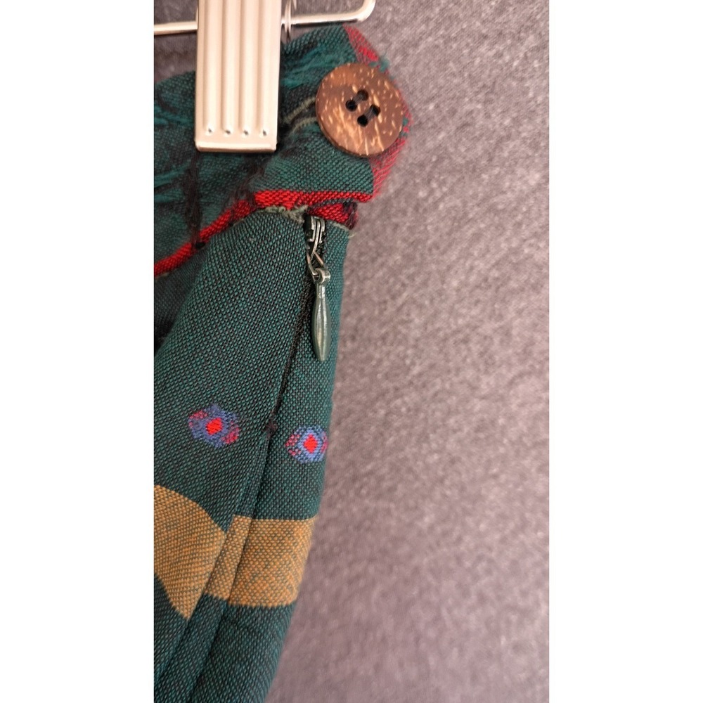 Vintage Geiger Green Plaid Boiled Wool Midi Skirt Rosette Embroidered Size 36 S - Picture 6 of 9